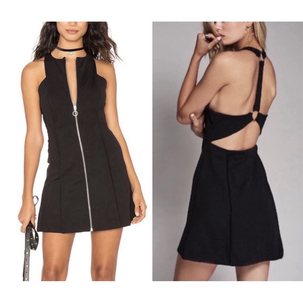 Free People Movement Black Front Zip Mini Dress Racerback Cutout O-Ring Large